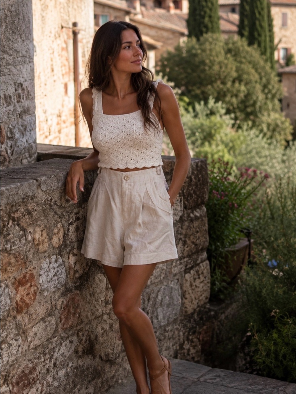 House of Harlow 1960 Linen Blend Shorts & Crochet Top set - Cream